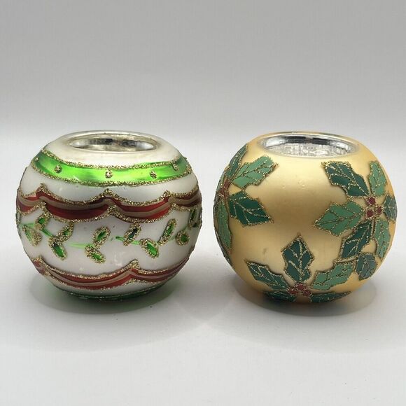 2 Ornament 3" Ball Tea Light (Inc) Candle Holders Gold Frosted Glass Glitter Vtg - Picture 2 of 6